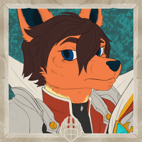 A flat color drawing of an anthro flareon wearing armor from the game Elsword. He is framed by a square stone frame with the emblem of a winged sword and shield at the bottom.