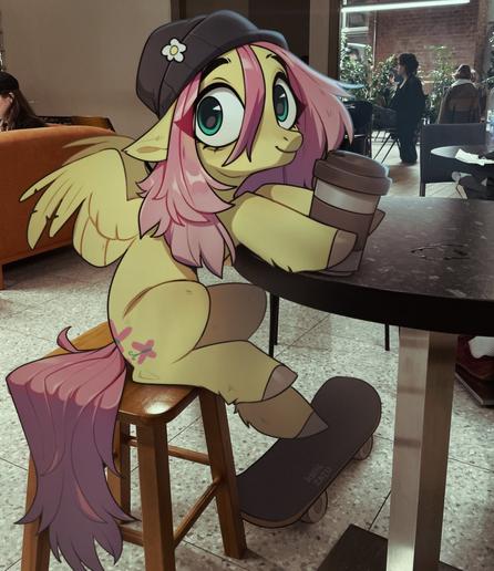 A picture of a cartoon fluttershy (yellow pegasus with a hat) holding a cup of coffee over a real image background.