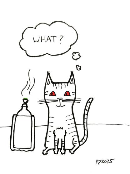 a striped cat with red eyes sits next to a smoking grav bong and thinks "what?"