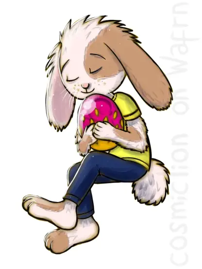 Digital fully rendered illustration of Rabbit Morty from Pocket Mortys. He is floating in the air and tenderly craddling an Egg Morty with a serene smile. The background is white.