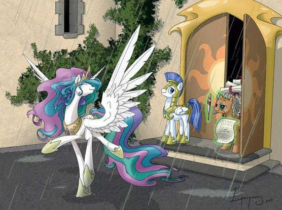 An image of Celestia, the pony princess, dancing in the rain with her wings up.
