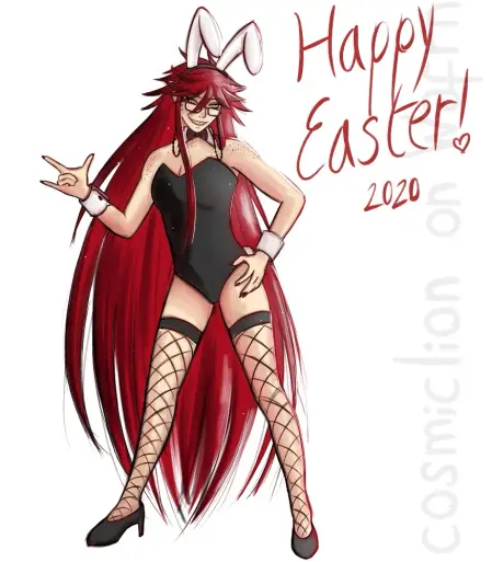 Digital fully rendered illustration of Grell Sutcliff from Black Butler. She is wearing a black bunny suit with black fishnet stockings, white bunny ears, a white neck with a black bowtie and white sleeve cuffs. Her nails are painted red. She is posing making her classic "Death!" sign with her right hand and resting her left hand on her hip. There is some text in red cursive font on the top right corner that says "Happy Easter! 2020". The background is white.