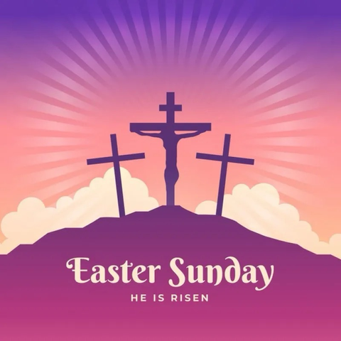 3 crosses on Calvary with the writing: Easter Sunday and He is risen