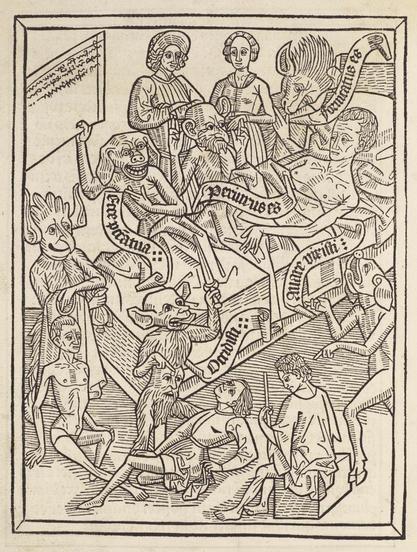 Woodcut illustration: A man in his deathbed, surrounded by demons who are reminding him of all of his sins; one demon holds a list of those sins, whilst the others point to five human figures with whom the dying man has sinned.