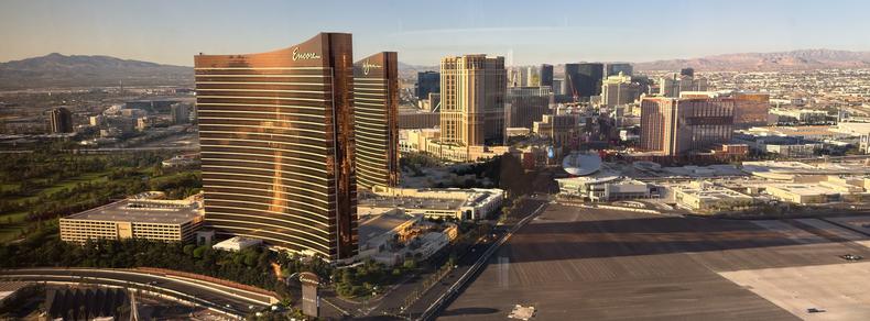 Photo looking down from a distance on the Vegas strip, from the 62nd floor of the Crockfords at Resorts World.