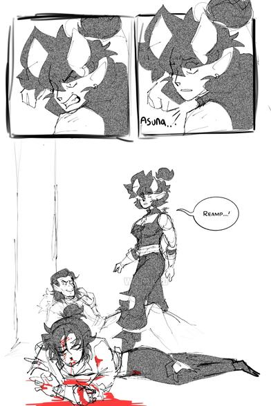 A black and white comic sketch. A character with torn dark clothing, thick horns, and dark hair tied up into a bun, has her fist raised. But she hesitates after hearing a faint voice call her name "Asuna". She looks over, seeing her friend Reamp bloodied with a broken arm. She stands over the vampire Lord Strahd, who also looks to Reamp with a wicked grin on his face.