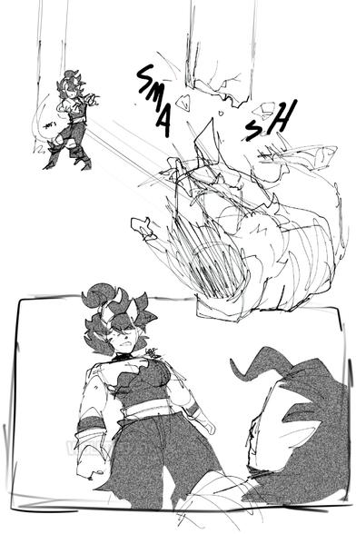 Asuna grabs Strahd and throws him. His body breaks a pillar. As he looks up, he already sees the tall Oni standing before him, with a face of rage.