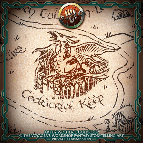 Closeup of a hand drawn fantasy map showing the evocative location named “Cockatrice Keep”.
