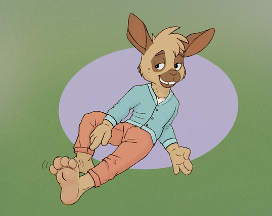 A honey-brown rabbit with dark brown on his nose, around his eyes, and on his ears, wearing a pastel blue sweater and salmon pink casual pants. He has a half-smile as he points towards his bare feet, one sole facing the viewer as he wiggles his foot, trying to draw his attention to the part he's proudest of.
