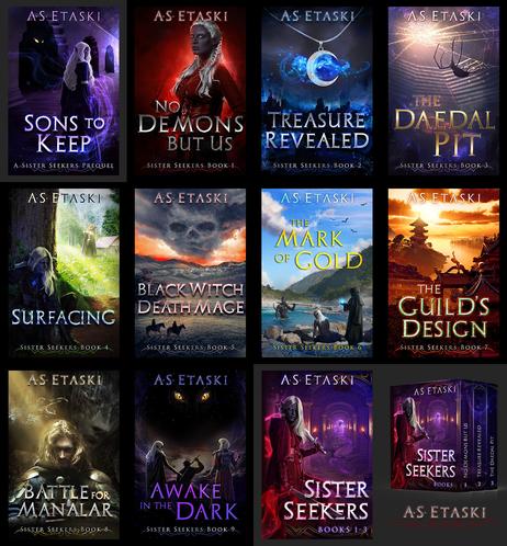 The Sister Seekers series by A.S. Etaski: ebook covers, many featuring Dark Elves with black skin and white hair.
Titled left to right in a square with dominant color:
Sons to Keep -violet
No Demons But Us - red
Treasure Revealed - blue
The Daedal Pit - purple and gold
 Surfacing - green
Black Witch, Death Mage - red and grey
The Mark of Gold: blue and yellow
The Guild's Design - orange and jade
Battle for Manalar - gold and grey
Awake in the Dark - black and magenta
Sister Seekers Vol. 1 - red and purple
Sister Seekers Vol. 1 3D box set (Books 1-3).