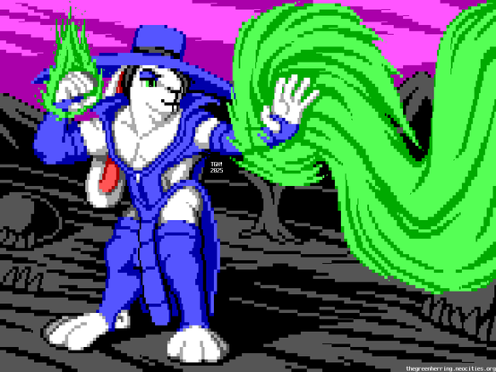 Under a magenta sky, in a gray desert landscape, a white, lop-eared, nonbinary dwarf rabbit stands with one hand raised, the other hand forward, and a sway in their hips. Dressed in blue, they are wearing a hat with a wide brim; long gloves and stockings that expose their hands and rabbit feet; and a high-collared robe that is zipped open in the front and cut in the sides to reveal their muscular and masculine build, including their pecs, their flanks, and their hips and thighs. Their raised hand is surrounded by green, magical energy that burns like fire. From their extended hand, a mighty blast of this energy swirls and arcs toward someone or something off-screen.