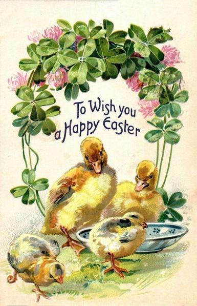 Duckings and Chicks cuddle under the text "Wish you a Happy Easter"