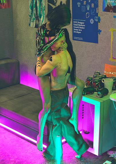 A muscular white man with long dark hair in a ponytail lifts a lean topless woman into the hair as he carries her towards a day bed. He is holder her tight against his body, and she has started to wrap her legs around his torso while holding his head against her chest.

Both have cybernetic enhancements, with the woman having an ornate cybernetic right arm in black and silver. The man is covered in grooves and implant channels for extensive cybernetics. 

They are lit in green, pink and cyan, with empty cans of an energy drink called Hwyl on top of of a nearby fridge.

Neither of their faces are fully visible, but the man is smiling.