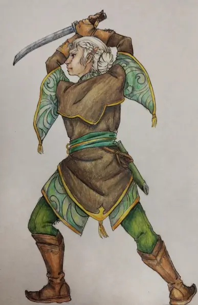 Photo of an illustration of a fair skinned, light haired female elf character from behind, dressed in greens browns and yellows. She is looking toward the left with a washizagi style short sword over her head.