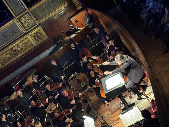 Conductor Elia Andrea Corazza in the orchestra pit conducting L'Elisir d'amore by Gaetano Donizetti. Teatro Massimo, Palermo, Sicily, Italy.