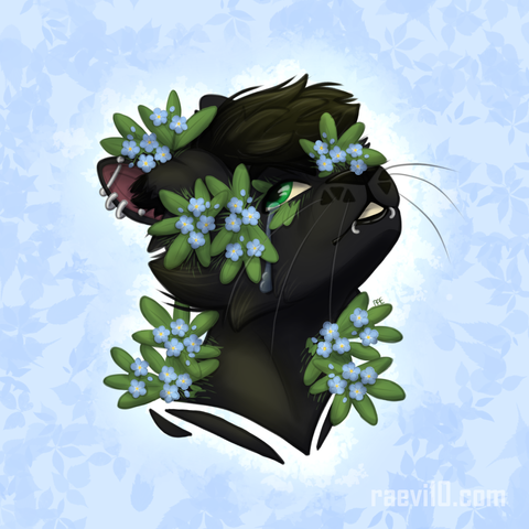 a headshot of a black anthro cat with green eyes, has their head angled up as they look back while crying, theres various patches of forget me not flowers sprouting out of their neck and face