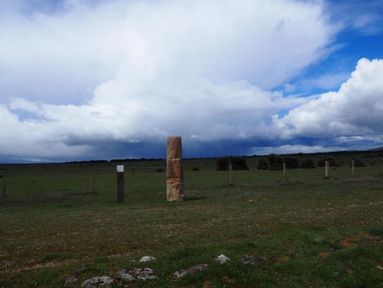 A mostly empty, flat, field. The sky takes up the top half of the photo and is bright blue with large white clouds. In the center of the photo, 20 meters or so away, is a 3 meter tall round stone column that looks like it might have some faint carvings on it. Next to it is a metal plaque, but it's too far away to read what it says.