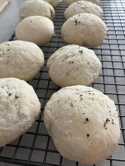 8 pale round bao/buns sprinkled with salt and pepper on a dark metal rack.