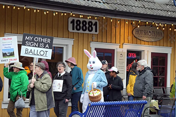 A picture from the April 19 political protests. This one took place in Poulsbo, Washington. A bunch of people are marching past what looks like some kind of restaurant. They're shouting and holding signs like MY OTHER SIGN IS A BALLOT. In the midst of the marchers is someone in full Easter Bunny costume -- costume head, paw gloves, basket of Easter eggs, the works.