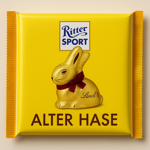 Gefakte Ritter Sport Packung in der Geschmacksrichtung "Alter (Lindt) Hase".