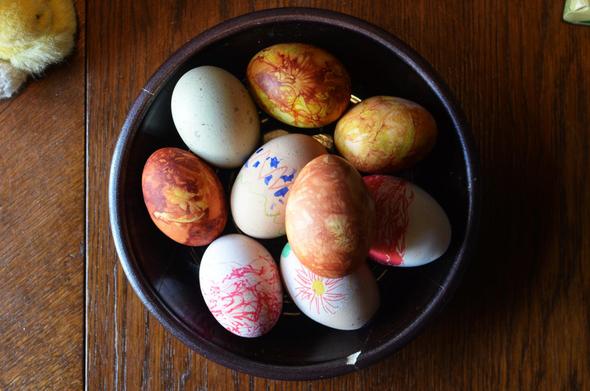 Dans une assiette vue de dessus, neuf œufs de poule décorés (sauf un qui était déjà bleu-vert). Certains sont coloré à l'oignon et betterave, marbrés, d'autres couverts de dessins d'enfants.