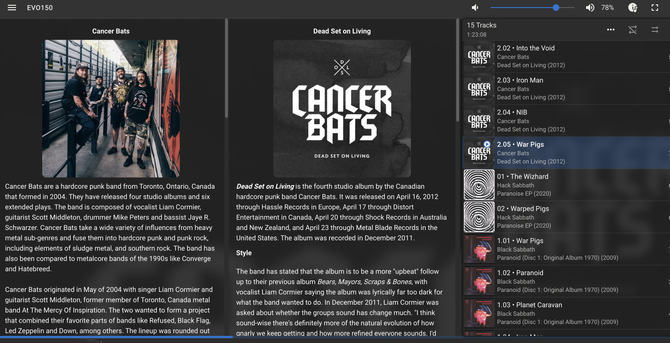 Screen shot of Material Skin on Lyrion with Artist information plugin. 3 main sections. 1st is of the band, 2nd the Album and 3rd is the playlist I am currently listening to