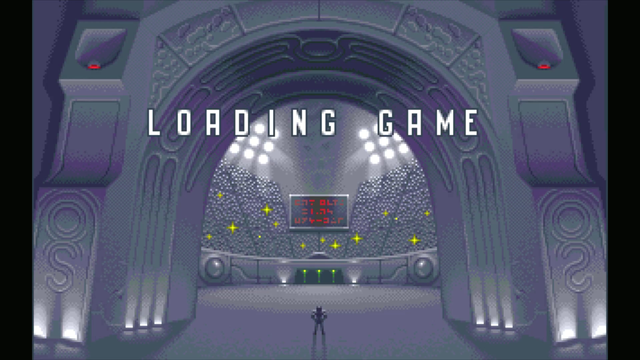 Loading screen of the game "Speedball 2" showing a gigantic doorway to a futuristic game arena. An in comparison small Speedball player is standing in the doorway ready to enter the play field.
