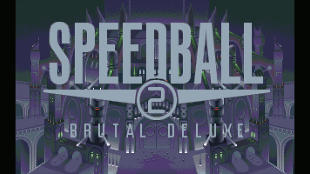 Title screen of the game "Speedball 2 - Brutal Delue" showing a rather gloomy futuristic city.