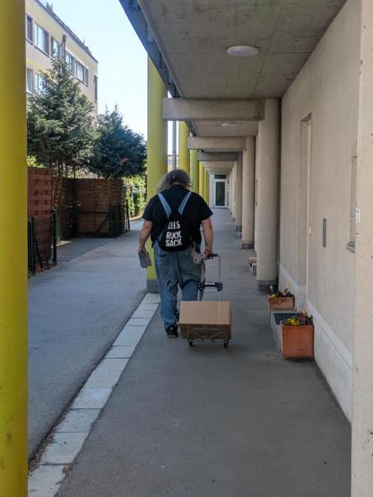 Eine Person von hinten abgebildet. Sie zieht einen kleinen Sackkarren auf dem eine Kiste liegt durch einen von Säulen gesäumten Laubengang. Sie trägt ein Turnsackerl mit der Aufschrift “LINKS RUCK SACK”