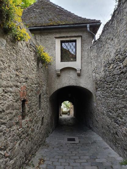 Ein mittelalterlicher Gang. Auf beiden Seiten eine Steinmauer, der Weg führt in eine Art Tunnel unter einem Gebäude.