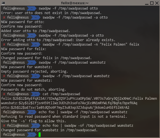 Terminal session manually testing the swadpw tool to manage password files for swad