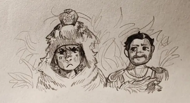 A pencil drawing of Eric Idle dressed as a Lion and Michael Palin as a soldier from "The meaning of life"