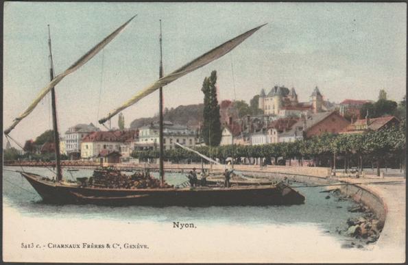 Printed hand tinted postcard showing a view of a barque at Nyon in the Canton of Vaud, Switzerland.

Published by Charnaux Frères, Genève, No 5413 c, undivided back, c.1905.

Postally unused.

Very good condition, with very slight corner bumps, otherwise excellent.