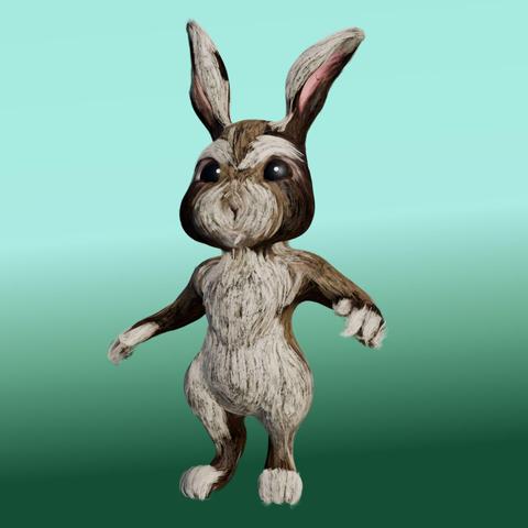 anthropomorphic bunny made in blender, painted using the brushstrokes add-on, against a blue to green gradient background.