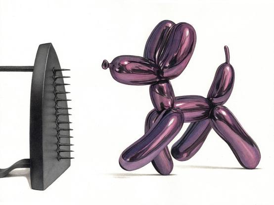 [EN - French below] Realistic watercolor and Indian ink wash drawing of a balloon dog walking toward a nail-covered iron, which it is about to explode against.
[FR] Dessin réaliste à l'aquarelle et au lavis d'encre de Chine représentant un chien en ballon marchant en direction d'un fer à repasser couvert de clous contre lequel il va visiblement s'exploser.