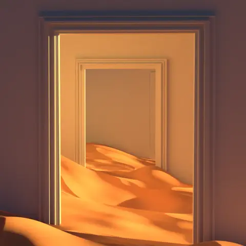 3D rendering looking through a series of doors inside a house filled with sand.