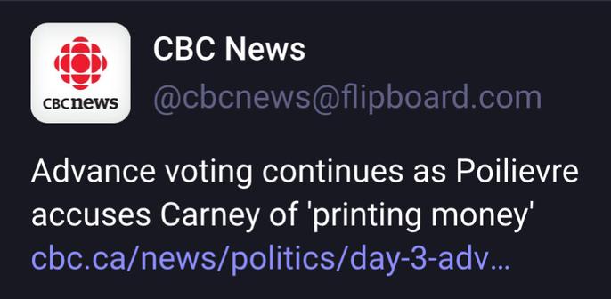 CBC News
Advance voting continues as Poilievre
accuses Carney of ‘printing money’
cbc.ca/news/politics/day-3-adv...