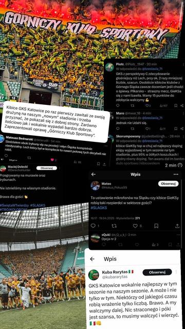 Kolaż zdjęć i wpisów z mediów społecznościowych dokumentujących doping kibiców GKS Katowice podczas meczu wyjazdowego ze Śląskiem Wrocław na Stadionie Wrocław. Na górze widoczna jest efektowna oprawa kibiców GKS z transparentem „Górniczy Klub Sportowy”, flagami i racami. Poniżej zrzuty wpisów internautów, w których chwalą liczebność, głośność i zaangażowanie fanów GKS Katowice. Na dole zdjęcie drużyny GKS Katowice wraz z kibicami w tle po zakończonym meczu.