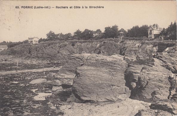 Carte postale ancienne intitulée Rochers et Côte de la Birochère, à Pornic (Loire Atlantique), carte d'avant 1934.