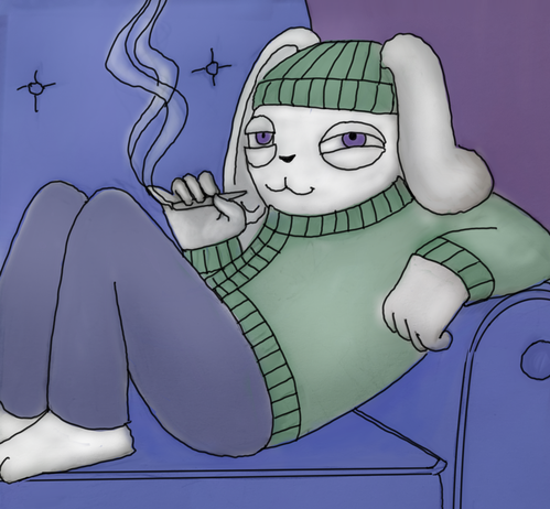a cartoon bunny relaxing on a couch getting stoned
