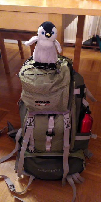 Archy sitzt auf einem vollen 45-Liter Wanderrucksack.