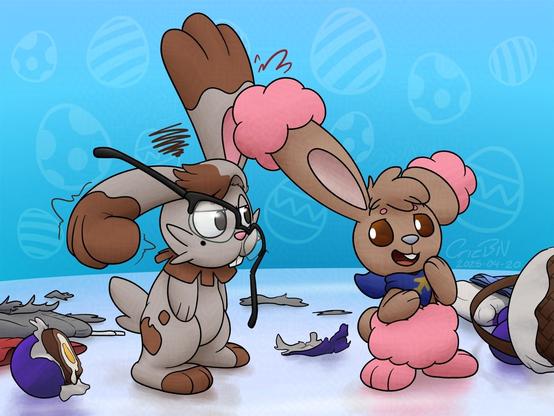 Two bunny Pokemon (a Bunnelby and a shiny Buneary) amid half-eaten easter candy and clothes in various states of destruction