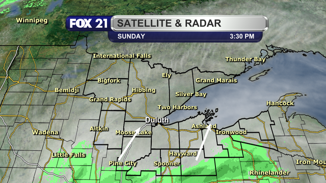 The satellite and radar over the Northland at 3:30 p.m. on Sunday, April 20, 2025, shows cloud cover over the region.  A cluster of rain showers is starting to enter the region from the south, and will be moving to the north/northeast throughout the evening and overnight hours.
