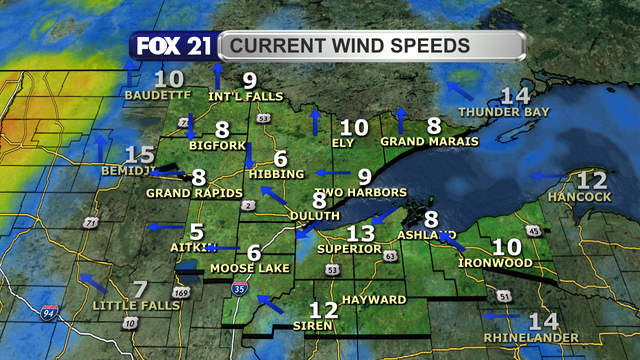 Wind speeds in the Northland just after 3 p.m. on April 20, 2025, range from 5 to 13 mph.  Wind direction is primarily from the south, southeast, and east.  There is a light lake breeze coming from Lake Superior.