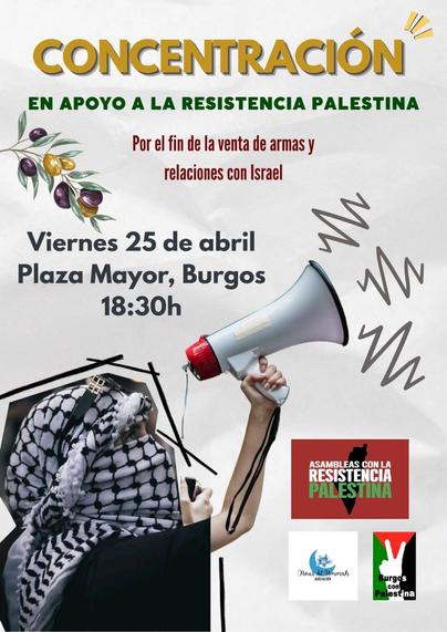 Cartel anunciador con imagen de persona con la cara cubierta con pañuelo palestino, logos de Asambleas con la resistencia palestina, Burgos con Palestina, Asociación Nour Al Ummah