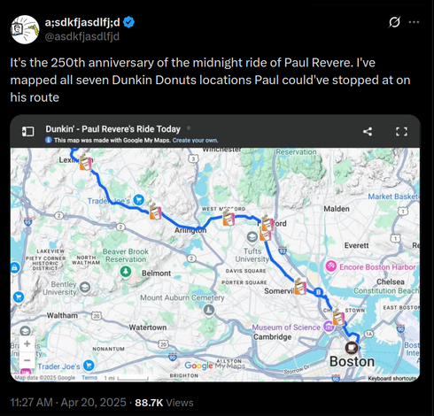 A tweet reading "It's the 250th anniversary of the midnight ride of Paul Revere. I've mapped all seven Dunkin Donuts locations Paul could've stopped at on his route" with aforementioned map
