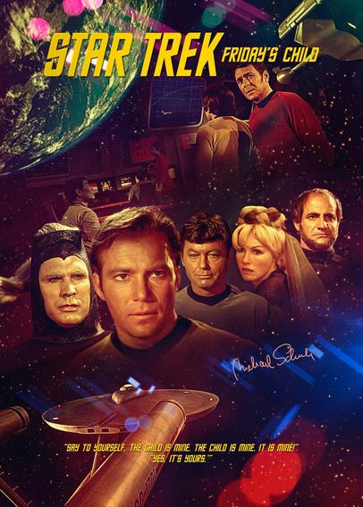 The poster for the Star Trek episode Friday’s Child combines characters and scenes in the style of classic movie posters. At the center stands Captain Kirk with a determined look, accompanied by Dr. McCoy, Eleen with her elegant hairstyle, and a Capellan warrior. To the right, another character from the episode is visible.

In the background, the bridge of the Enterprise appears with Scotty in his red uniform, while above, the green planet Capella IV glows, surrounded by pink light effects. A Klingon starship hovers in the top right, while the USS Enterprise soars through space below. The scene is accompanied by a key quote from the episode: “Say to yourself, the child is mine. The child is mine. It is mine!” - “Yes. It’s yours.”

The poster blends warm gold, red, and brown tones with vibrant blue and magenta effects. This combination gives the image an epic, nostalgic atmosphere reminiscent of classic Star Trek movie posters.