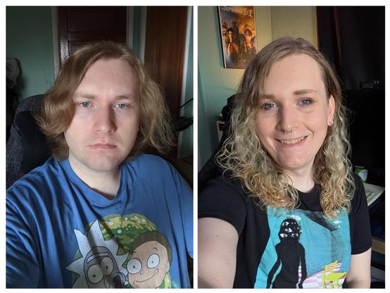 Transgender transition timeline before and after. The image on the right is the before selfie from January of 2023. I am at one month in my hormone therapy and I'm wearing an embarrassing Rick and Morty T-shirt. The image on the left is the after selfie from today, April 20th, 2025. I have light, neutral, eye makeup on, my hair has been styled with curly hair mousse, and my shirt is a sick Backrooms reference and not embarrassing.