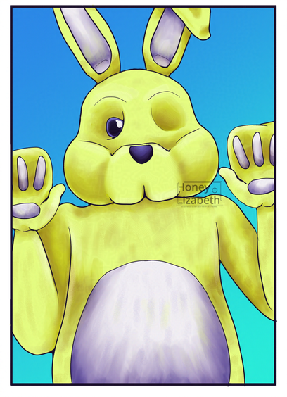 Fanart of Social Bunny from The Sims franchise.
It's a person wearing an one eyed yellow bunny costume waving at you with both hands