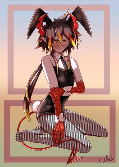 Ivlis sitting dressed in a bunny suit - black corset, fishnet tights, and a headband with bunny ears.